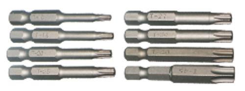 8 Piece 1/4 Inch Hex Torx R Power Bit Set T10-T45 50mm Long.