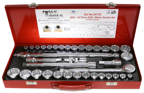 36 Piece 1/2 Inch Drive 12 Point Standard SAE/Metric Socket Set