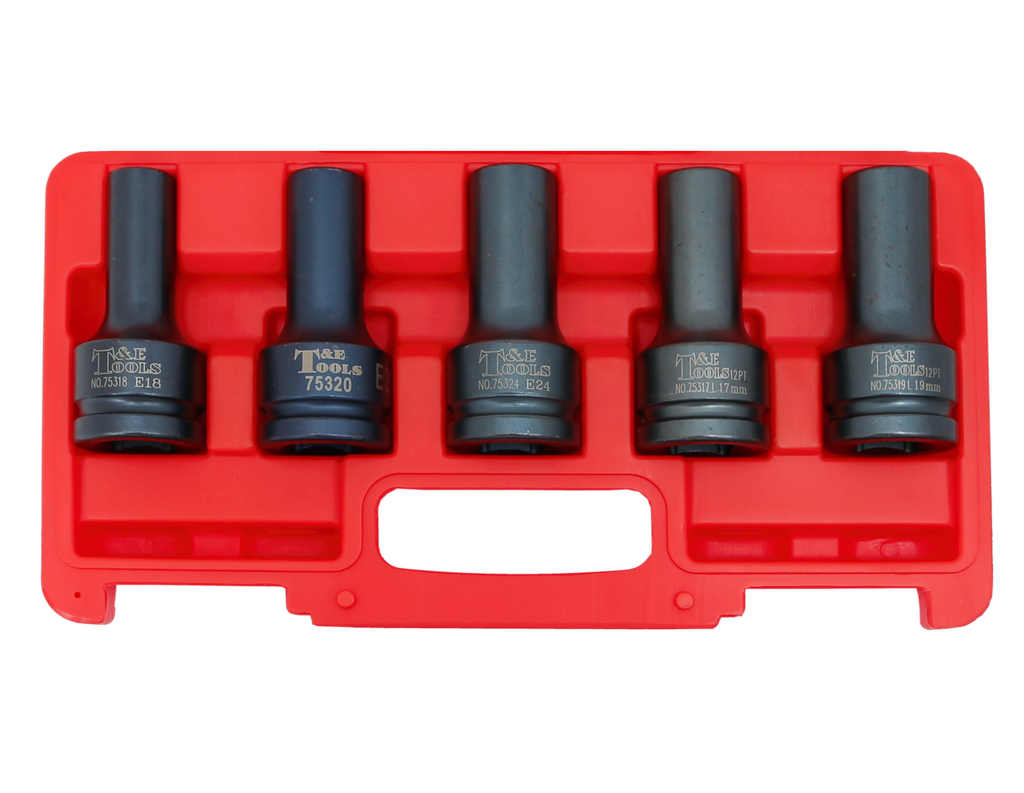 5 Piece3/4 Inch Drive Female E-Torx & 12 Point Deep Impact Socket Set