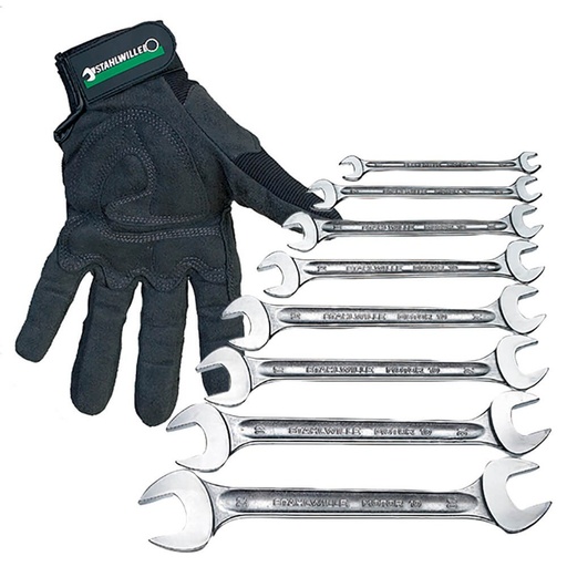 [160-SW10/8 - 96400305+SWGLOVE-M] Stahlwille Bundle Deal SW10/8 8pc Double Open End Spanner Set + Mechanics Glove-M